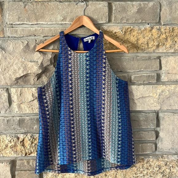 Crave Fame Blue White Brown Crochet Knit Racerback Top Size Large - Picture 1 of 11